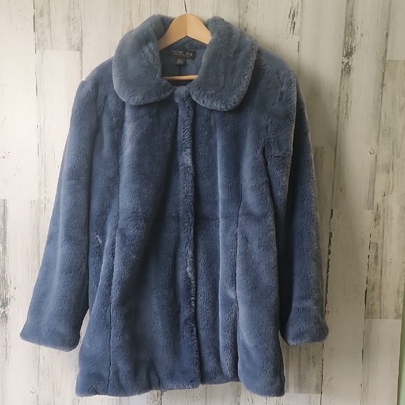 Rachel Zoe Plush Slate Blue Teddy Jacket Snap Closure Size Large - Picture 1 of 9